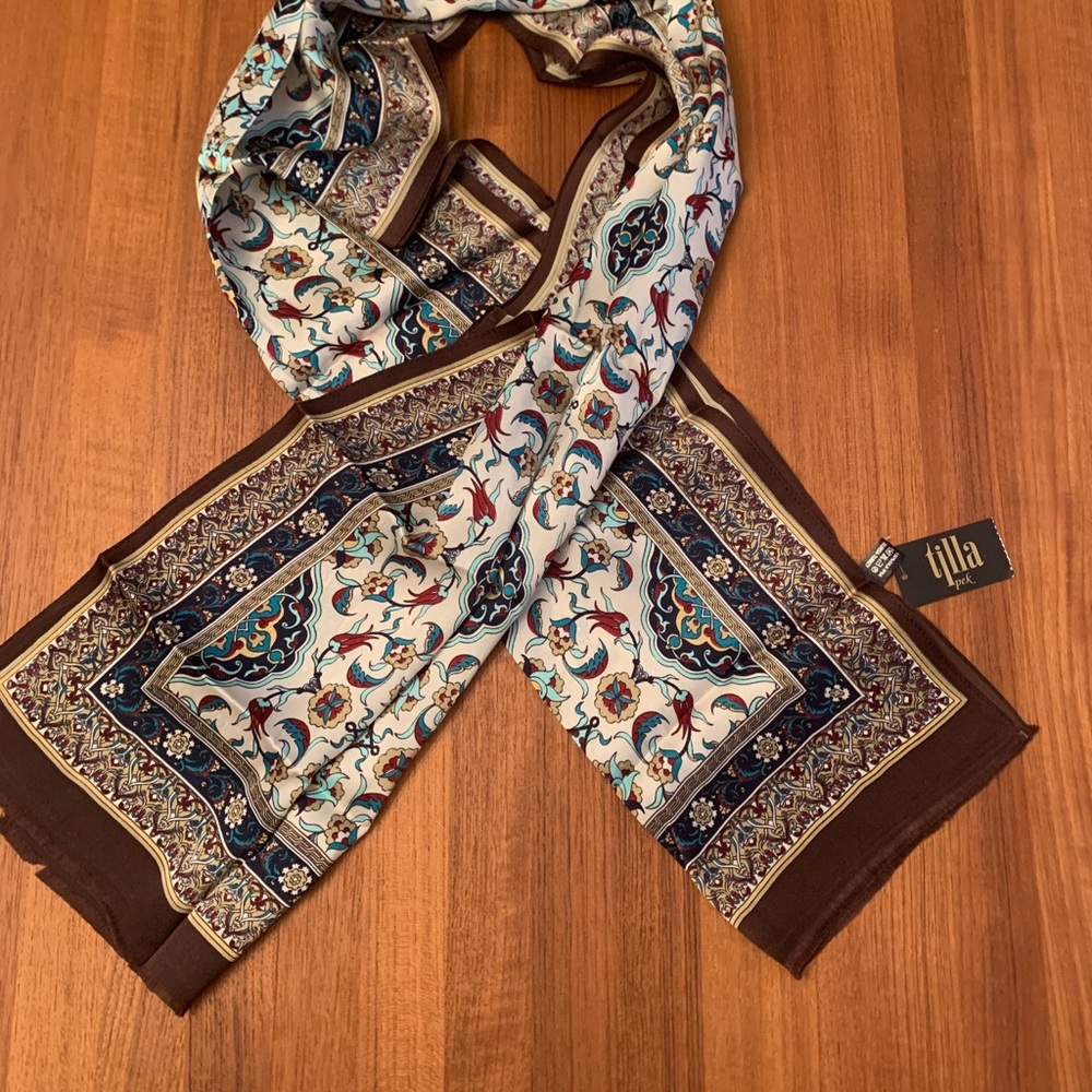 NWT 100% Pure Silk Long Scarf with Tulips Brown/Beige/Burgundy colors